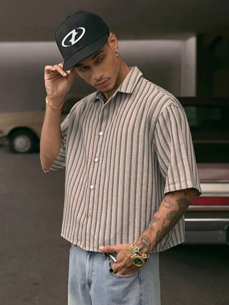 Men's Color Block Shirt Loose Fit Button-Up Non-Stretch Woven Fabric Beige Gray Red Striped Casual Top