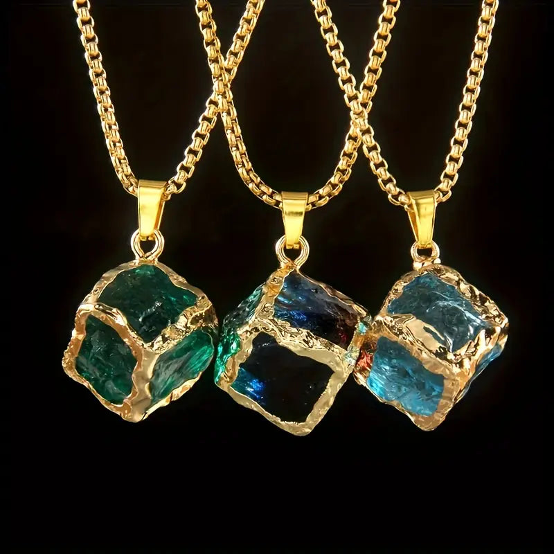 Plated Stainless Steel Necklace – Crystal Cube Pendant, Polychrome Finish, Fashion Jewelry Gift for Women & Teens