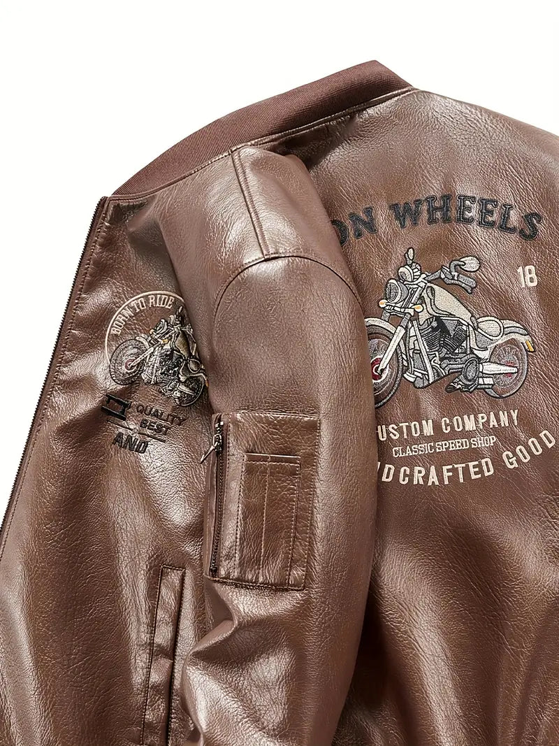 Men's Vintage Bomber Jacket PU Leather Zip-Up Baseball Collar with Patches Brown Glossy Outerwear Brown