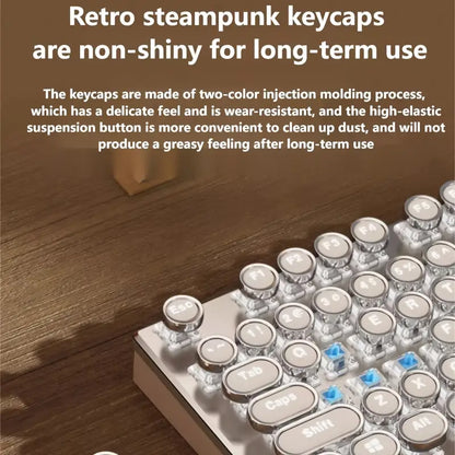 Typewriter Mechanical Gaming Keyboard and Mouse Combo – Full Metal Panel, 104-Key Full-Size Layout, Retro Punk Round Keycaps, LED Backlit, USB Wired, Blue Switches, Compatible with Windows & Laptops