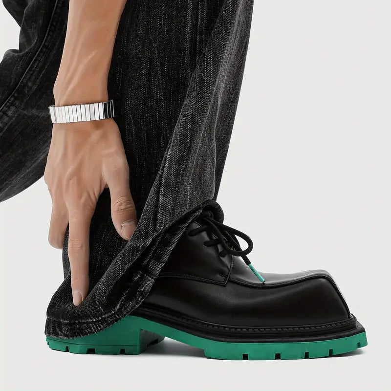 Men's Glossy Low-Top Lace-Up Shoes – Turquoise, Arch Support, Non-Slip Sole, Casual & Semi-Formal