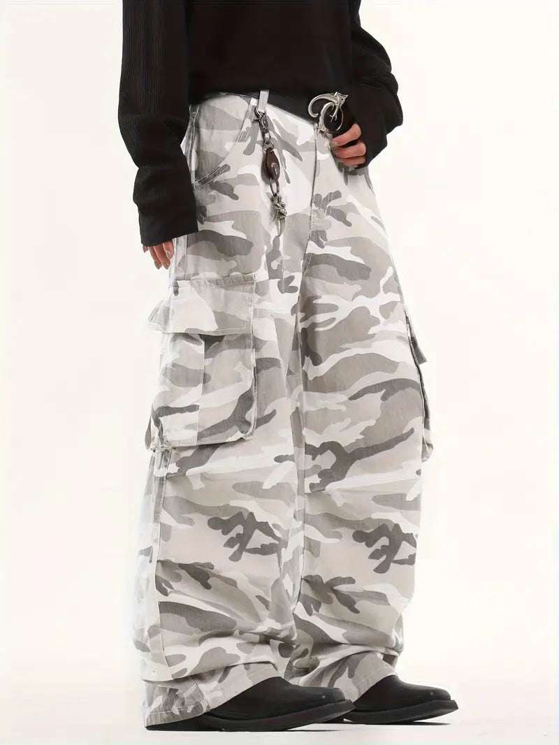 Unisex Camouflage Cargo Pants – Loose Fit Denim Trousers with Pockets for Hip-Hop Streetwear