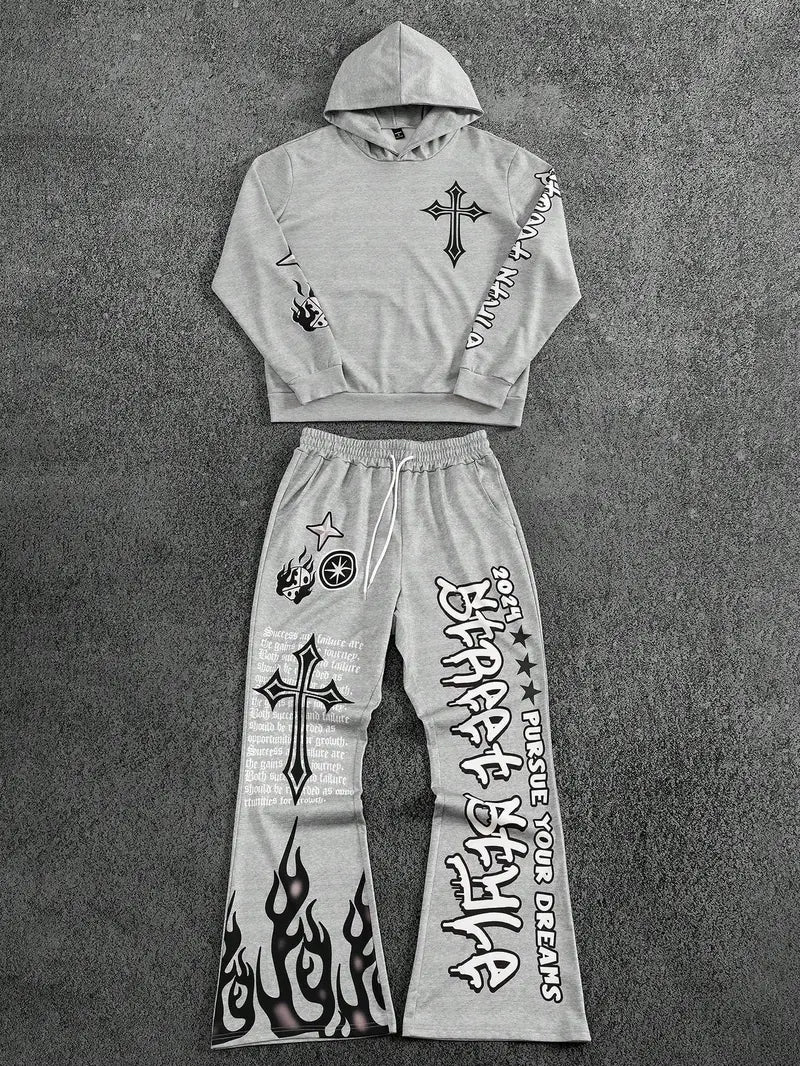 Men's Autumn Winter Cross Print Hoodie Set Polyester Two-Piece Streetwear Outfit with Y2K Retro Elements