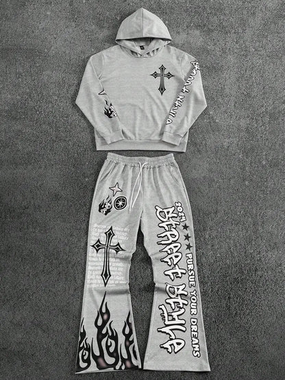 Men's Autumn Winter Cross Print Hoodie Set Polyester Two-Piece Streetwear Outfit with Y2K Retro Elements