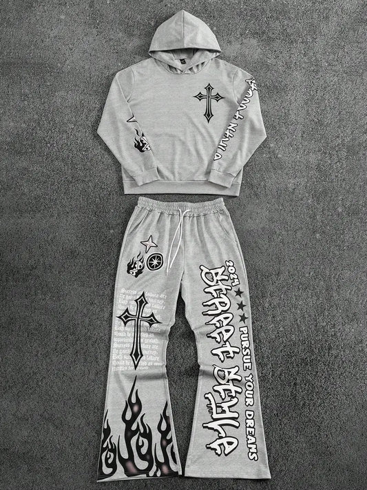 Men's Autumn Winter Cross Print Hoodie Set Polyester Two-Piece Streetwear Outfit with Y2K Retro Elements