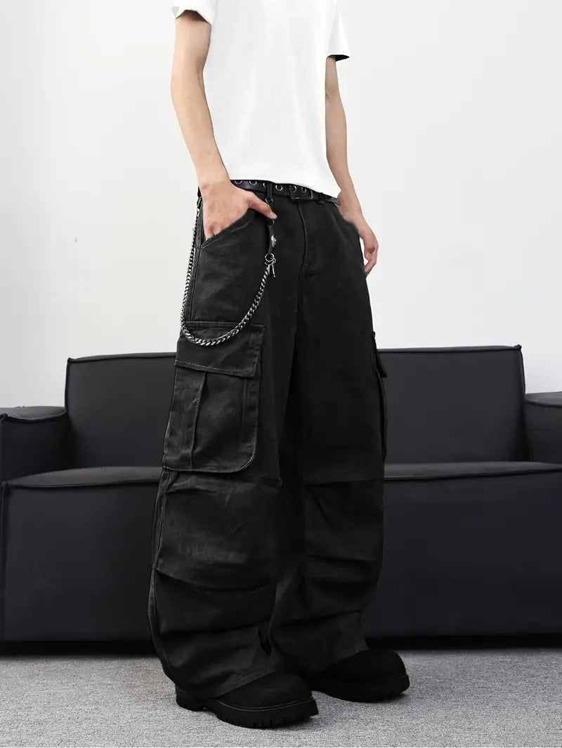 Men’s Solid Baggy Jeans – Black Loose Fit Cargo Pants with Pockets, Y2K Streetwear Style