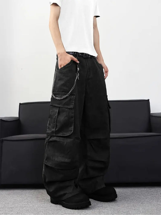 Men’s Solid Baggy Jeans – Black Loose Fit Cargo Pants with Pockets, Y2K Streetwear Style