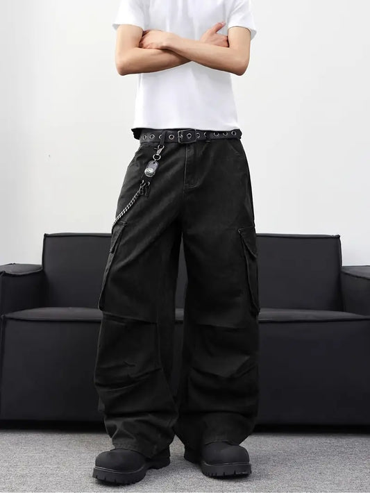 Men’s Solid Baggy Jeans – Black Loose Fit Cargo Pants with Pockets, Y2K Streetwear Style