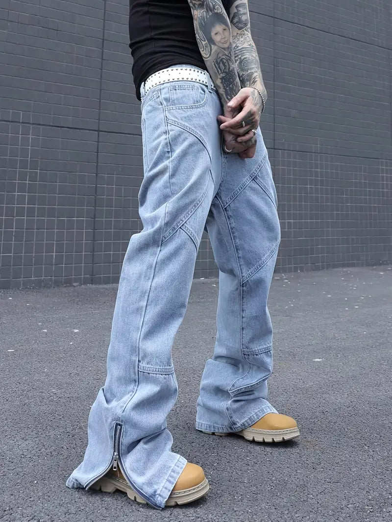 Men’s Multi-Seam Denim Pants – Solid Color Workwear Jeans with Zipper Closure & Regular Fit