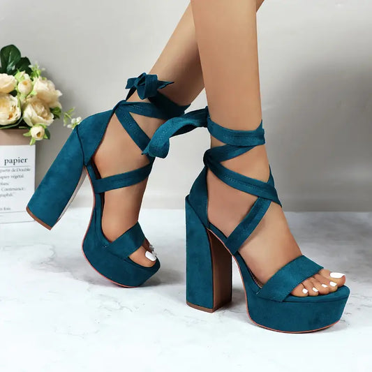 GLAZE Women’s Chunky Block Heel Sandals – Adjustable Lace-Up Crisscross Straps, Thick Platform Design with PU Synthetic Cover for Weddings, Parties & Summer Events