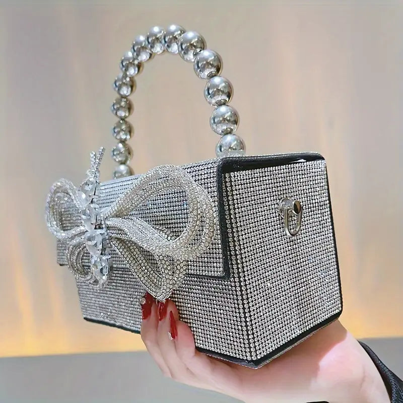 Elegant Mini Glitter Clutch – Bowknot Design Handbag with Buckle Closure, Silvery Finish for Evening & Banquet Wear