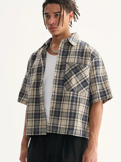 Men's Beige Blue Black Plaid Cropped Shirt Oversized Button-Up Relaxed Fit Short Sleeve Casual Top