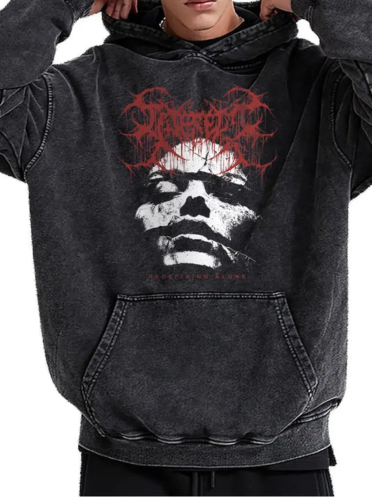 Men's Retro Washed Hoodie "ALONE" Graphic Funny Print Cotton Blend Pullover for Autumn Winter