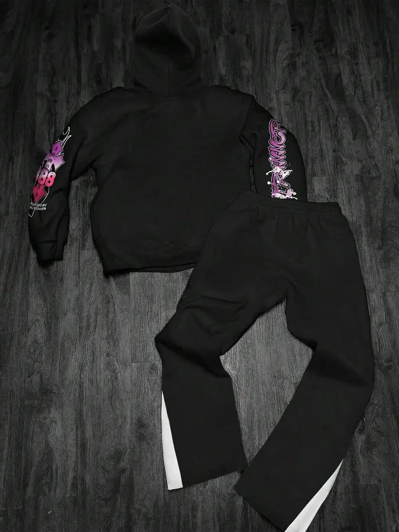 Men’s Gothic Skull Hoodie Set – Black & White 3D Letter Print Sweatshirt and Joggers for Streetwear