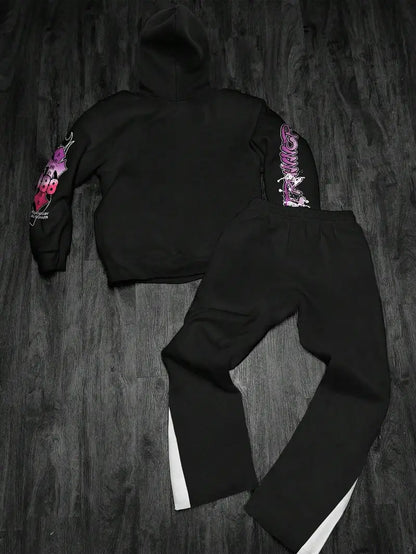 Men’s Gothic Skull Hoodie Set – Black & White 3D Letter Print Sweatshirt and Joggers for Streetwear