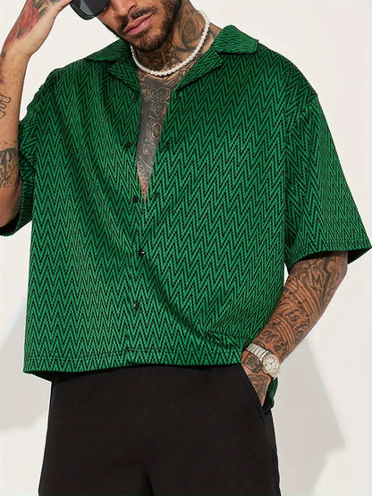 Men's Black Chevron Pattern Short Sleeve Shirt Casual Loose Fit Button-Up Summer Polyester Blend