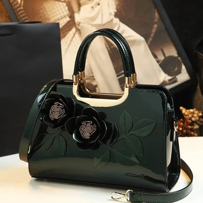 Women’s Elegant Handbag – Zipper Closure Purse with Floral Embroidery, Gold-Toned Hardware & Oil-Edged Finish in Burgundy, Black & Green