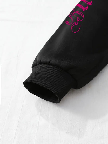 Women's Print Fleece-Lined Hooded Jacket Black with Pink Graphic Zip-Up Front Drawstring Hood Side Pockets