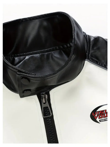 Men's Zip-Up Motorcycle Jacket with Color Block Design Stand Collar Multiple Pockets Casual Winter Outerwear