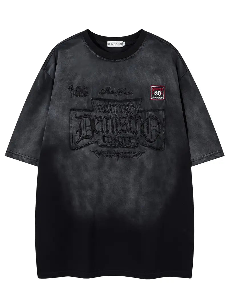 Men's Vintage Washed Tie-Dye T-Shirt Embroidered Letters Loose Fit Crew Neck Short Sleeve Summer Top