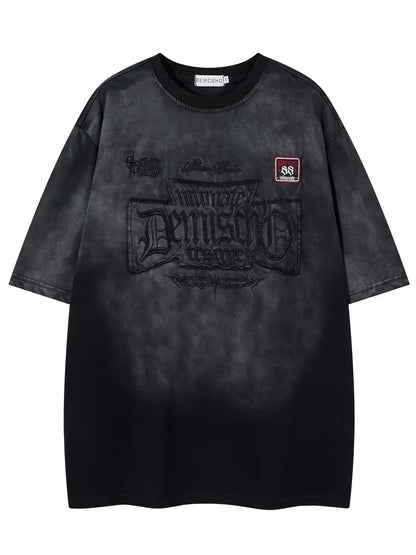 Men's Vintage Washed Tie-Dye T-Shirt Embroidered Letters Loose Fit Crew Neck Short Sleeve Summer Top