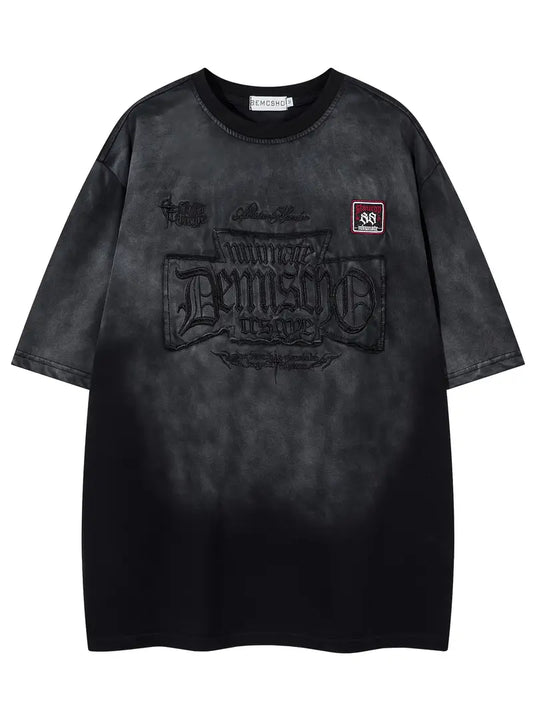 Men's Vintage Washed Tie-Dye T-Shirt Embroidered Letters Loose Fit Crew Neck Short Sleeve Summer Top