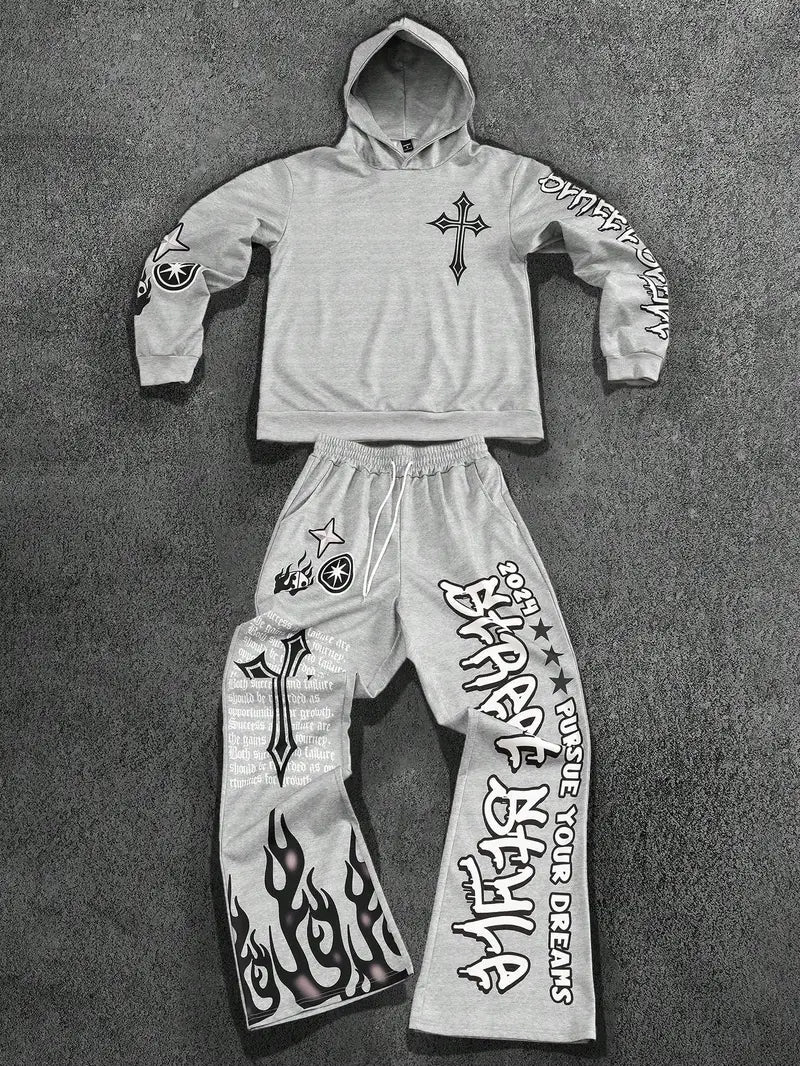 Men's Autumn Winter Cross Print Hoodie Set Polyester Two-Piece Streetwear Outfit with Y2K Retro Elements