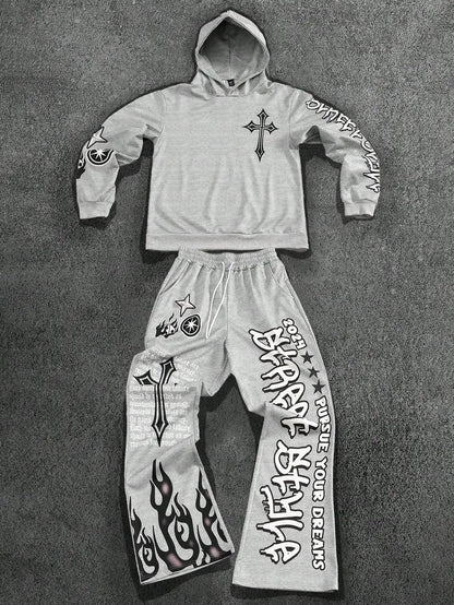 Men's Autumn Winter Cross Print Hoodie Set Polyester Two-Piece Streetwear Outfit with Y2K Retro Elements