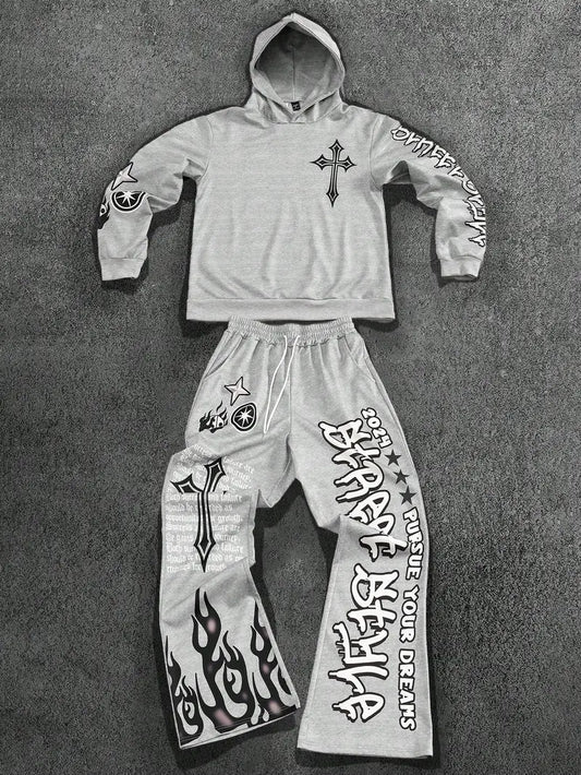 Men's Autumn Winter Cross Print Hoodie Set Polyester Two-Piece Streetwear Outfit with Y2K Retro Elements