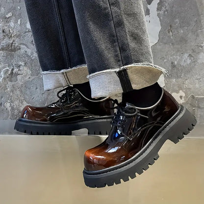 Men's Glossy Low-Top Sneakers – Brown, Round Toe, Cushioned Insole, Non-Slip Sole, Casual & Formal