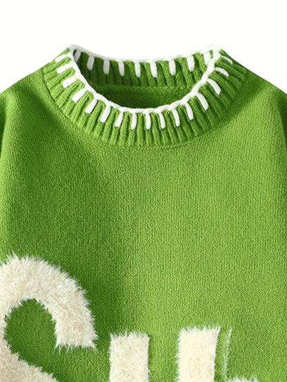 Men's Slim-Fit Winter Sweater – Fade Letter Pattern, Breathable Knit Pullover for Casual & Formal Wear