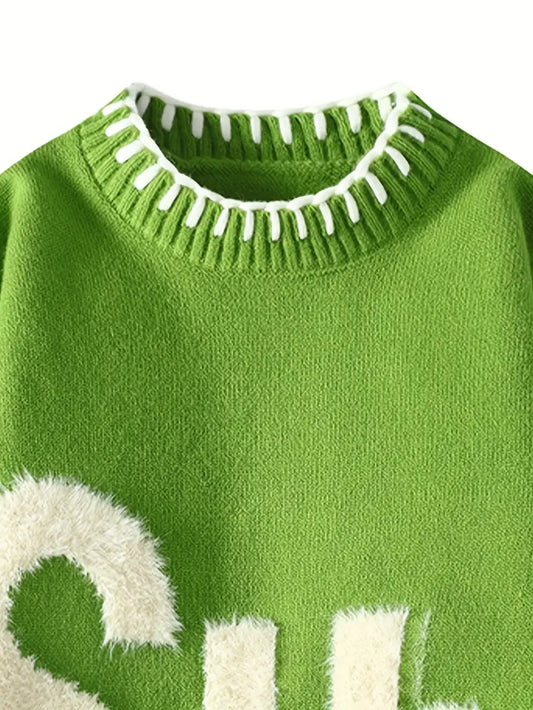 Men's Slim-Fit Winter Sweater – Fade Letter Pattern, Breathable Knit Pullover for Casual & Formal Wear