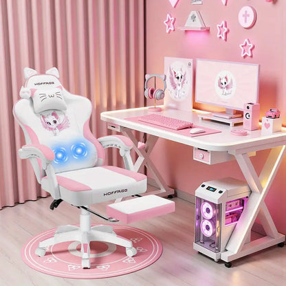 Cute Cat Ear Gaming Chair – Massage Lumbar Cushion, Footrest, USB Powered, White & Purple