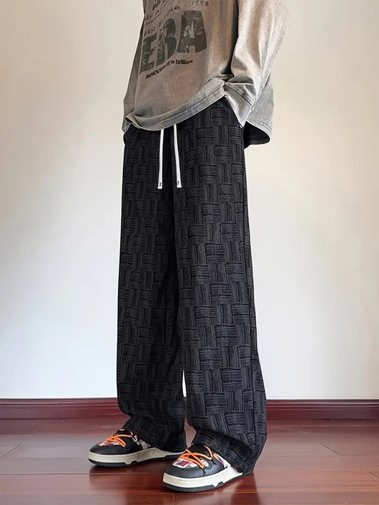 Men’s Corduroy Joggers – Plaid Straight-Leg Pants with Elastic Waist & Drawstring for Outdoor Wear