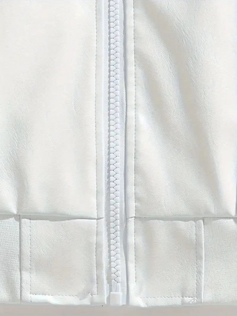 Men's Zip-Up Motorcycle Jacket with Color Block Design Stand Collar Multiple Pockets Casual Winter Outerwear White