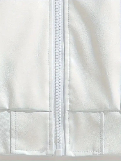 Men's Zip-Up Motorcycle Jacket with Color Block Design Stand Collar Multiple Pockets Casual Winter Outerwear White