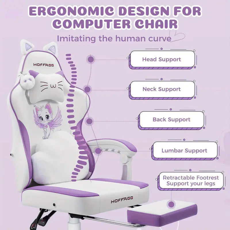 Cute Cat Ear Gaming Chair – Massage Lumbar Cushion, Footrest, USB Powered, White & Purple