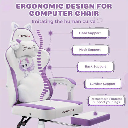 Cute Cat Ear Gaming Chair – Massage Lumbar Cushion, Footrest, USB Powered, White & Purple