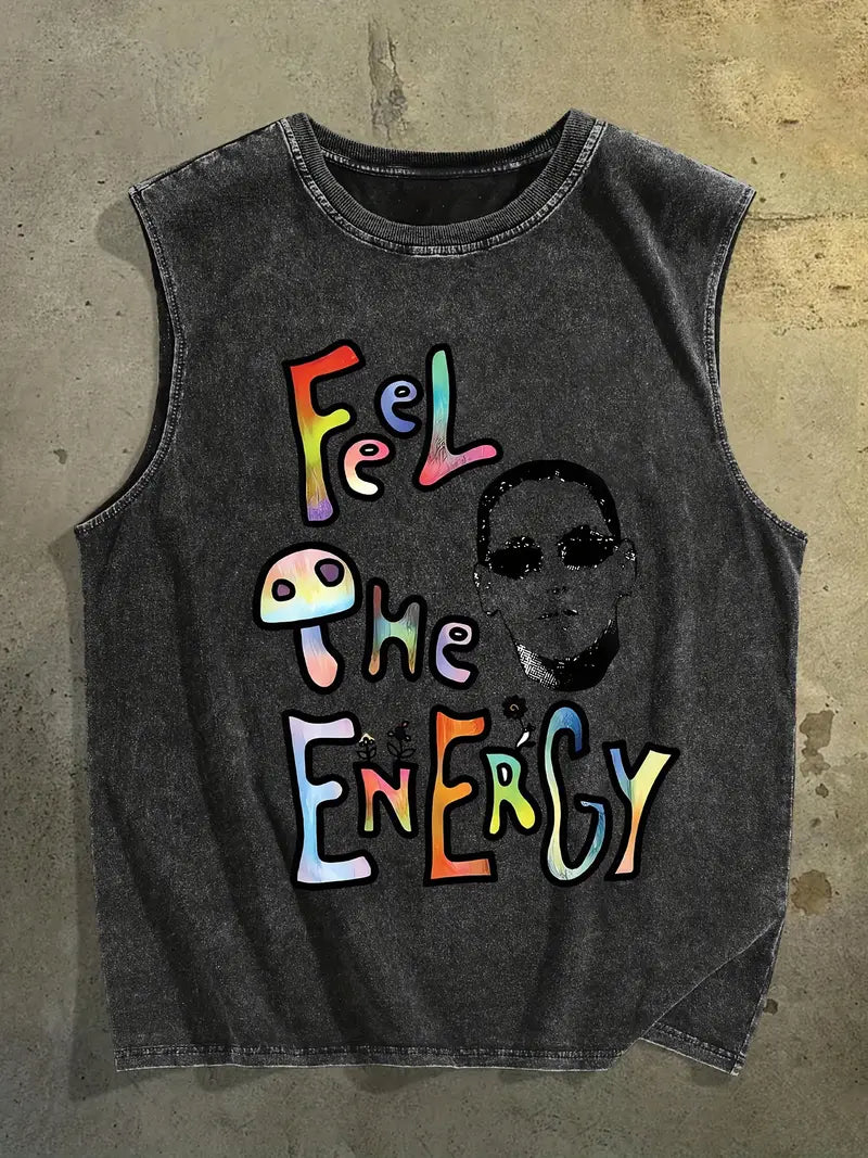 Men’s Retro Oversized Sleeveless Vest – Neon Mushroom Graffiti Print, Washed Cotton Festival Tank Top
