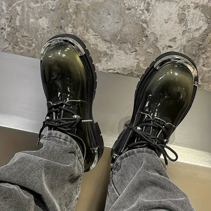 Men's Low-Top Lace-Up Boots – Glossy Multi-Color Ankle Shoes, PU Upper, Streetwear & Casual Style