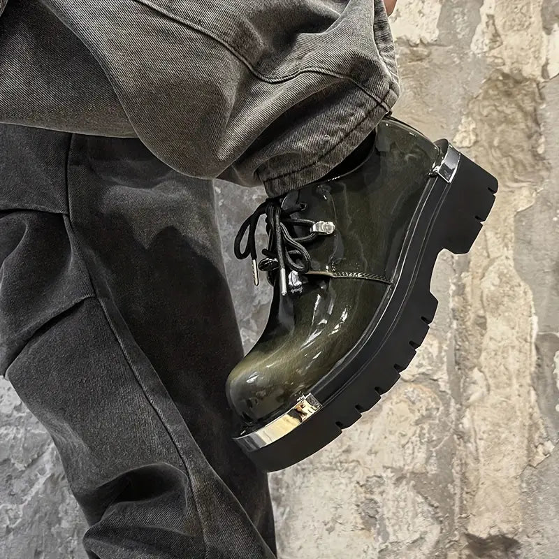 Men's Low-Top Lace-Up Boots – Glossy Multi-Color Ankle Shoes, PU Upper, Streetwear & Casual Style