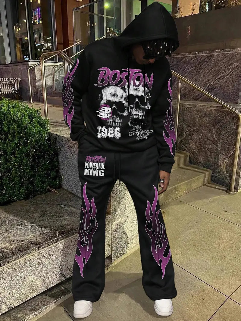 Men’s Skull Print Hoodie Set – Dark Style Sweatshirt & Flared Pants for Halloween Streetwear