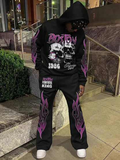 Men’s Skull Print Hoodie Set – Dark Style Sweatshirt & Flared Pants for Halloween Streetwear