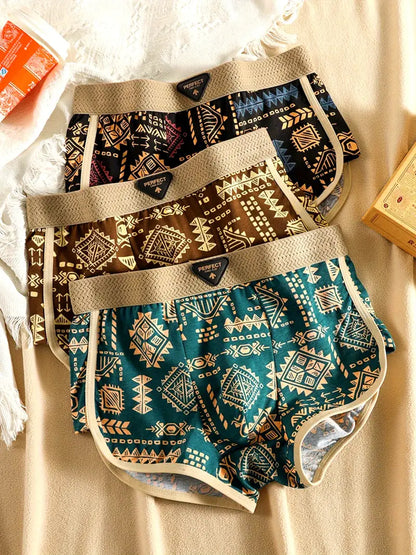 3pcs Men's Tribal Boxer Briefs – Breathable Stretch Underwear, Vibrant Print, Casual Comfort Fit