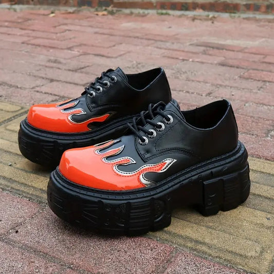 Women’s Gothic Punk Platform Sneakers – Flame Design Lace-Up Shoes with Thick Sole & PU Upper for Concerts, Streetwear & Themed Events