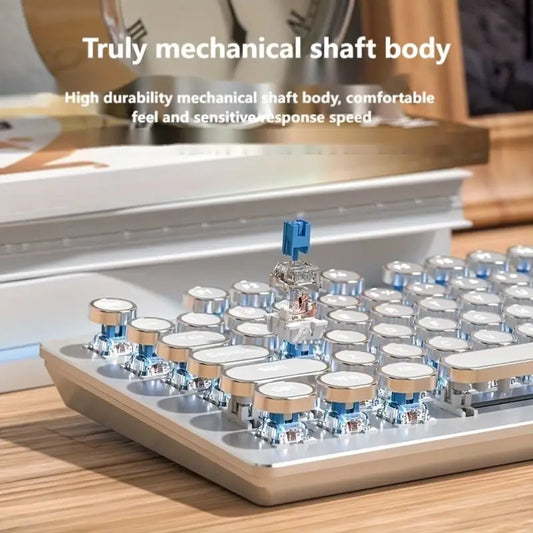 Typewriter Mechanical Gaming Keyboard and Mouse Combo – Full Metal Panel, 104-Key Full-Size Layout, Retro Punk Round Keycaps, LED Backlit, USB Wired, Blue Switches, Compatible with Windows & Laptops