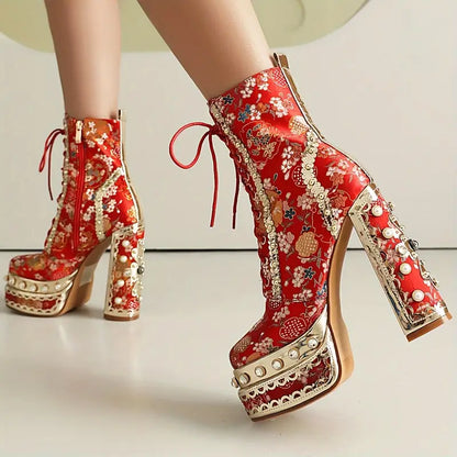 Women’s Floral Platform Boots – Thick High Heel with Gemstone Accents, Red Fabric Round Toe Cowgirl Boots for Casual & Formal Events