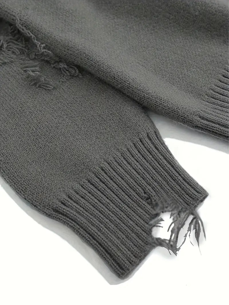 Men's Distressed Knit Sweater – Unisex Pullover, Drop Shoulder, Casual Streetwear for Fall/Winter