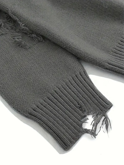Men's Distressed Knit Sweater – Unisex Pullover, Drop Shoulder, Casual Streetwear for Fall/Winter