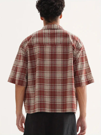 Men's Beige Blue Black Plaid Cropped Shirt Oversized Button-Up Relaxed Fit Short Sleeve Casual Top